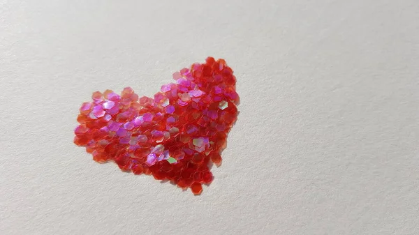 Neat Heart Made Red Sequins White Table Copy Space — Stock Photo, Image