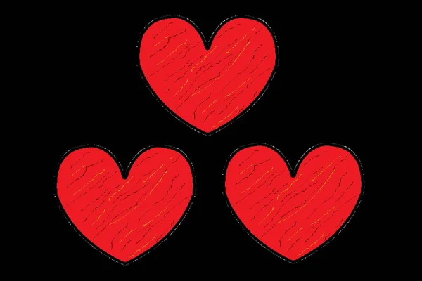 Trois Cœurs Rouges Avec Des Fissures Sur Fond Noir — Photo