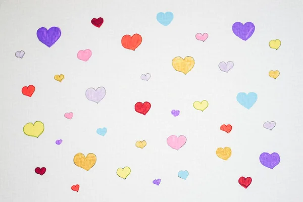 Härliga Färgglada Hjärtan Ritade Med Penna Och Akvarellfärg Kärlekskort — Stockfoto