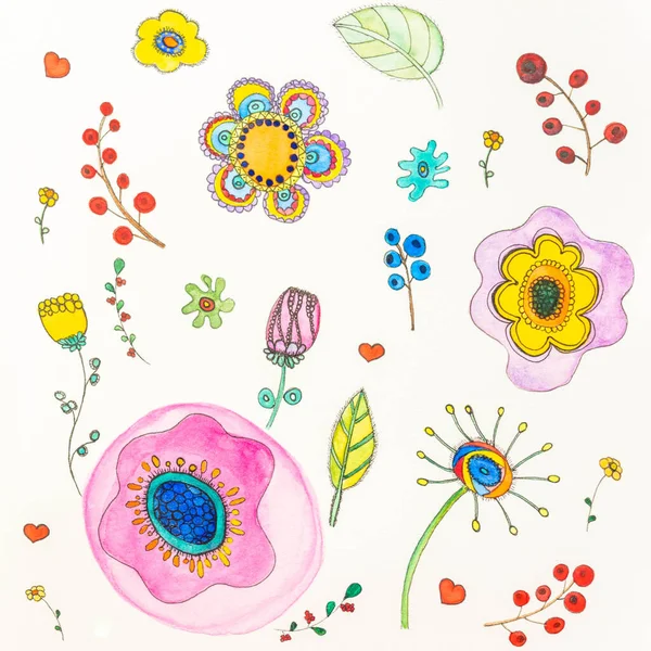 Letni Botaniczny Wzór Narysowany Ręcznie Kompozycja Kwiatowa Słodkich Kwiatów Liści — Zdjęcie stockowe