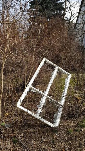爆炸后灌木丛中躺着一个白色框架的破窗户 — 图库照片