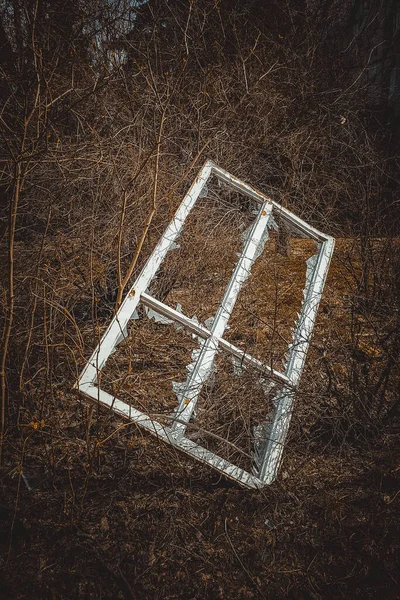 爆炸后灌木丛中躺着一个白色框架的破窗户 — 图库照片
