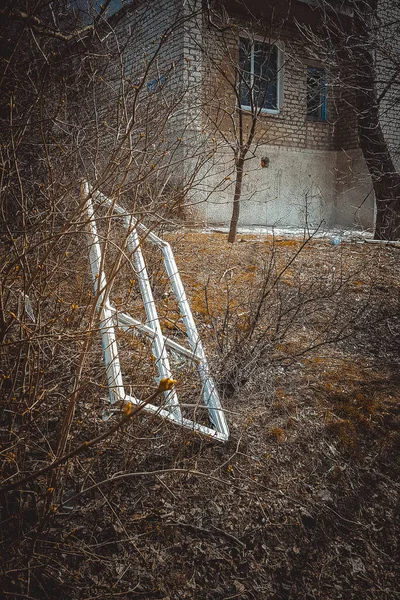 Broken Window White Frame Lies Bushes — Stock Photo, Image