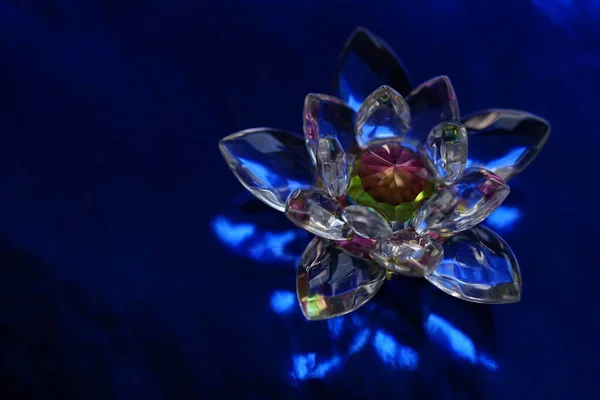 Crystal Lotus Rich Dark Blue Shiny Table Light Reflection Esoteric — Stockfoto