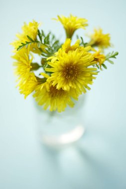 Yellow flowers bouquet on the blue table, floral art card.