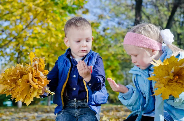 Chlapec a dívka, která podzimní listí — Stock fotografie