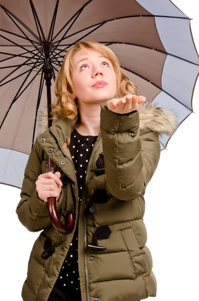 Beautiful woman testing for rain — Stock Photo, Image