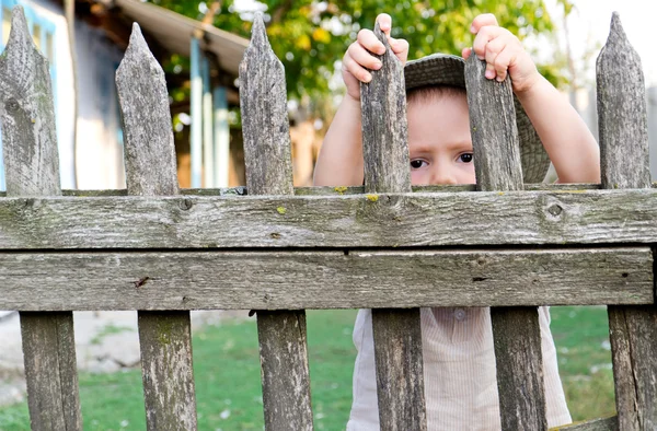 Jongen op zoek door een hek — Stockfoto