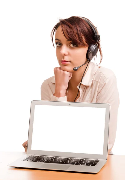 Woman with headset and blank computer screen Stock Picture