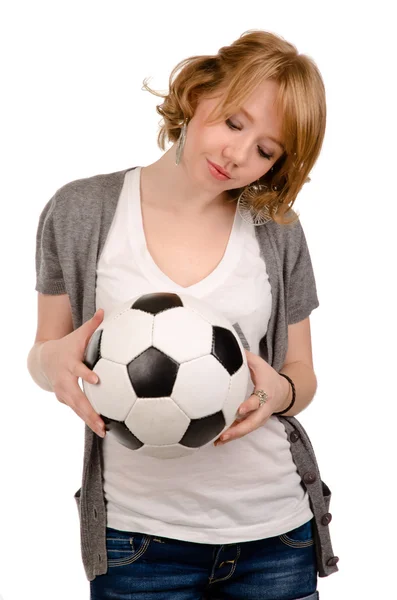 Young blonde girl holding a soccerball — Stock Photo, Image