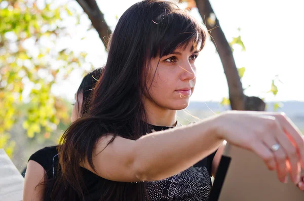 Mujer sentada en el parque y sosteniendo un portátil — Foto de Stock