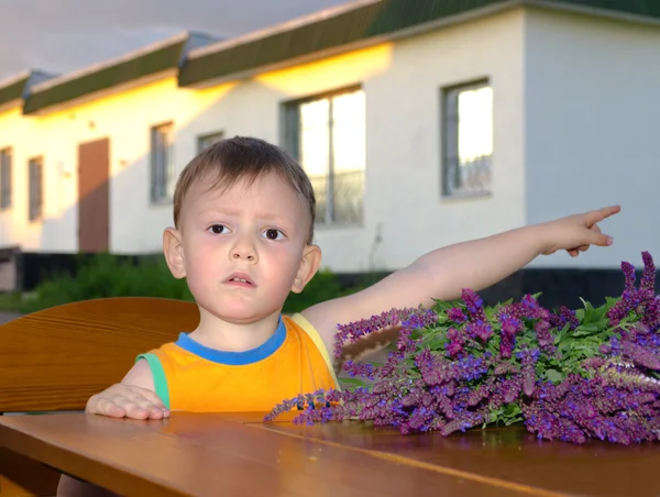 Menino bonito apontando com o braço — Fotografia de Stock