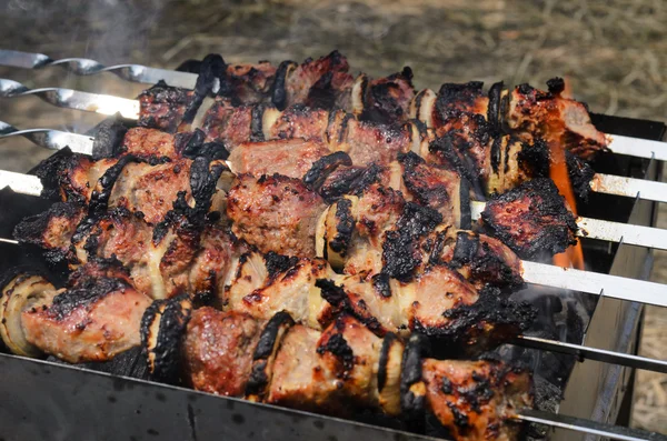 Kebabs de carne cozinhando sobre um fogo — Fotografia de Stock