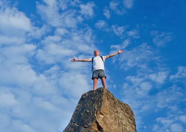 Mann feiert das Erreichen eines Berges — Stockfoto