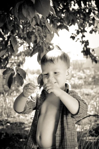 Cute little boy studying a wriggling worm — Stock Photo, Image