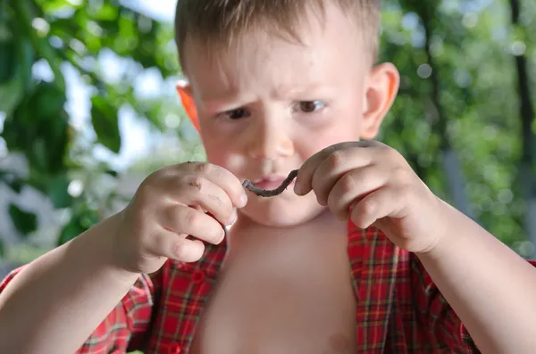 Curious little boy with a worm — Stock Photo, Image