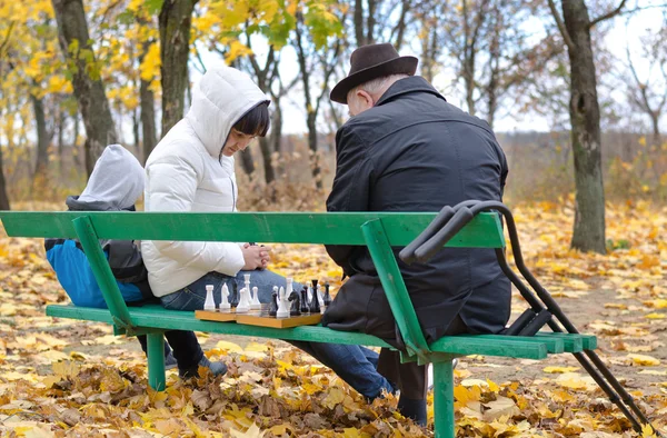 Three generations of a family playing chess in park beanch — Stock Photo, Image