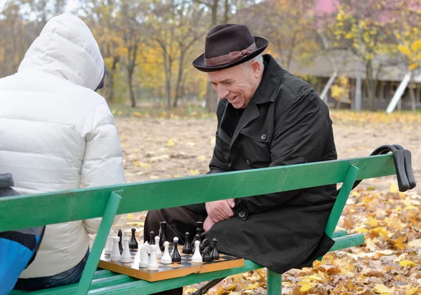 Äldre man njuter av ett parti schack i parken — Stockfoto