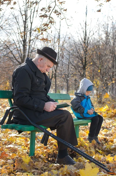 Hombre jubilado leyendo en el parque con su nieto — Foto de Stock