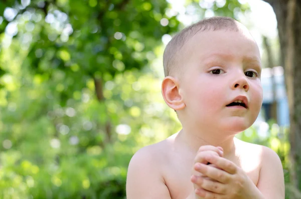 Nieuwsgierige waarschuwing kleine jongen — Stockfoto