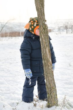 Somurtuyor musun ve bir ağaç gövdesi saklanarak küçük çocuk