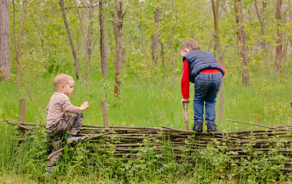 Dva mladí kluci hrají na rustikální plot — Stock fotografie