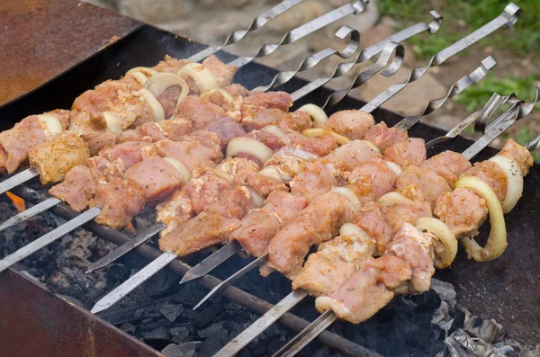 Kebabs cozinhar sobre um fogo de churrasco quente — Fotografia de Stock