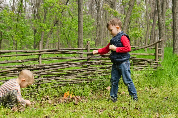 Zwei junge Jungen diskutieren das Anzünden eines Lagerfeuers — Stockfoto