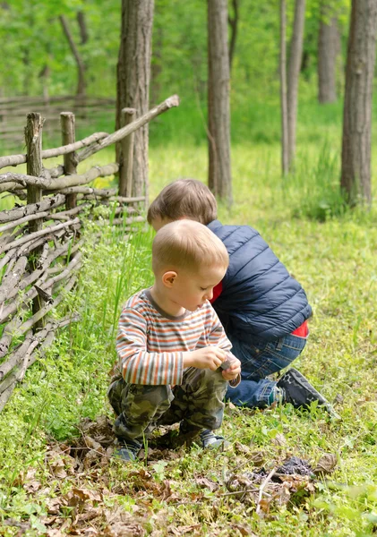 Two small boys lighting a fire in woodland — Stock Photo, Image