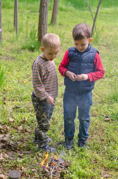 Dos niños pequeños encendiendo un fuego en el bosque — Foto de Stock