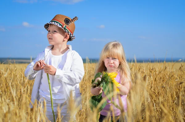 Liten flicka och pojke undersöka gul solrosor — Stockfoto