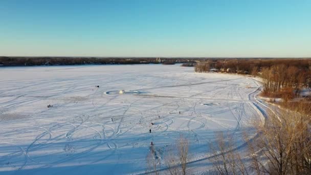 Crane Πυροβολήθηκε Ένα Drone Κατεβαίνει Πίσω Από Γυμνά Δέντρα Χειμώνα — Αρχείο Βίντεο