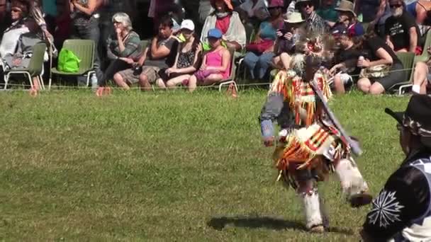2017年7月にカフナウェイク モホーク保護区で開催されたPow Wowのコンテストで 伝統音楽と一緒に踊る非常に若いインディアンの男性 — ストック動画