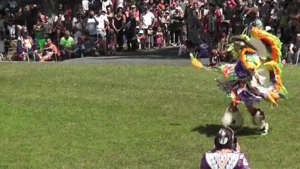 Infödd Amerikansk Man Med Färgglada Regalier Deltar Danstävling Kahnawake Pow — Stockvideo