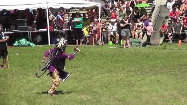 Ung Krigare Vid Infödd Amerikansk Danstävling Pow Wow Kahnawake Mohawk — Stockvideo