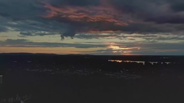 Zooming Drone City Laval Sunset Dramatic Sky Reflecting River — Stockvideo