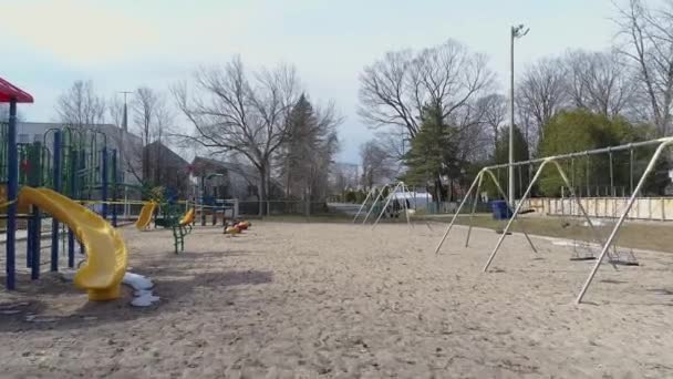 Flying Accross Closed Playground Due Covid Showing Slides Swings — Stok Video