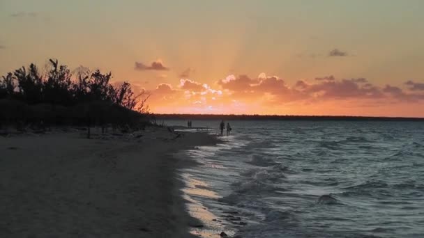 Silhuetter Med Personer Stranden Med Gyllene Solnedgång Kuba Karibien — Stockvideo