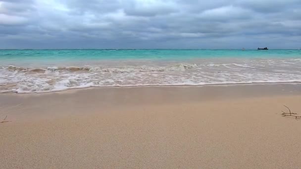 Laag Uitzicht Golven Rollend Naar Het Strand Een Bewolkte Dag — Stockvideo