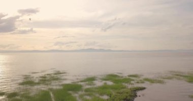 Aerial view of a sunset over the St-Lawrence river in La Pocatiere, Quebec