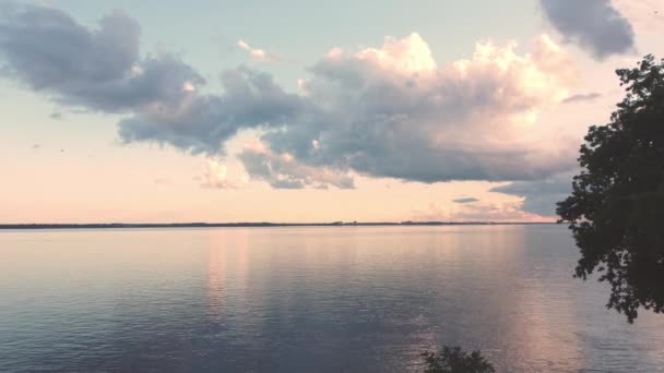 Aerial Still Shot Lawrence River Birds Flying Sunset Stormy Clouds — Stockvideo