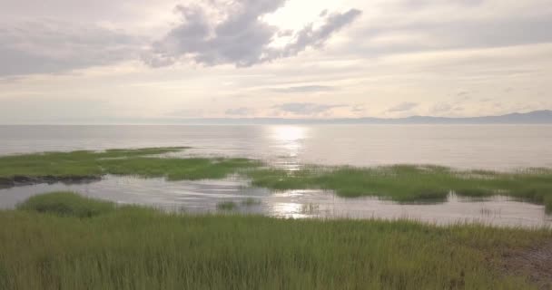 Aerial View Panning Left Grass Showing Beautiful Sunset Pocatiere Quebec — 비디오