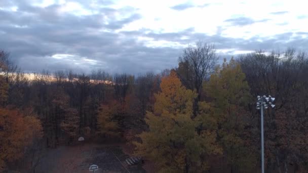 Drone Crane Shot Rising Trees Fall Basketball Field Sunset Cloudy — Video Stock