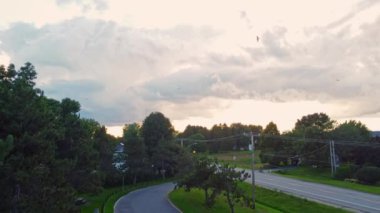 Drone Crane shot up, showing the stormy clouds and seagull flying in the sky at sunset