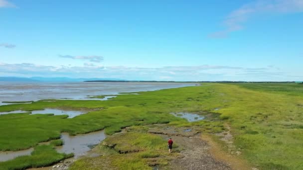 Letecký Dron Video Procházející Přes Muže Pláži Pocatiere Quebec — Stock video