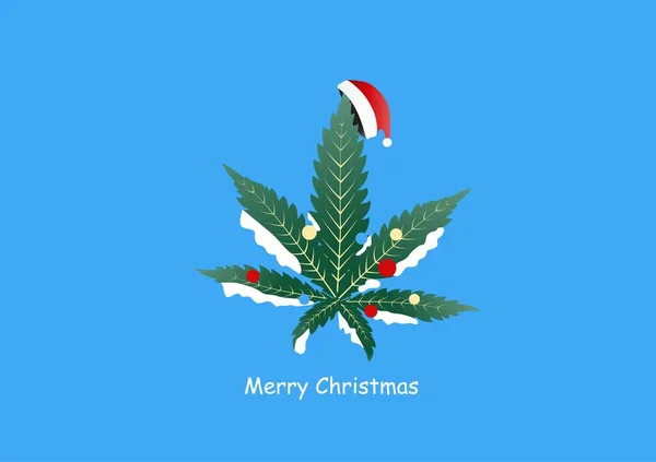 Veselé Vánoce Vánoční Marihuana Zdobené Santa Klobouk Koule Modrém Pozadí — Stockový vektor