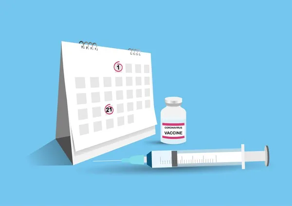 Covid 19ワクチンは2回の注射と21日間の間隔で投与された カレンダー 注射器 ボトルのイラスト — ストックベクタ