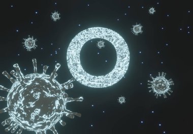 Covid-19 omicron varyantının mikroskobik görünümü veya B.1.529 ve Yunan alfabesindeki omikron harfi. 3B görüntüleme. 