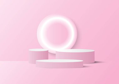 Podyumlar ve neon halkalar. Pembe ürün ekran arka planı sahnesi. Vektör illüstrasyonu.