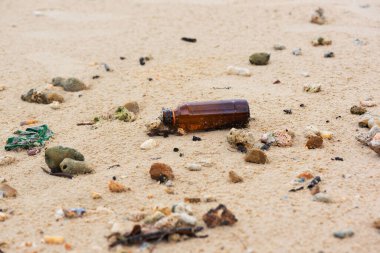 Kumsalda cam bir şişe.